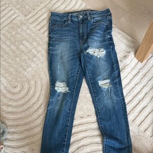 American Eagle Outfitters Women's Dark Blue Ripped Skinny Jeans